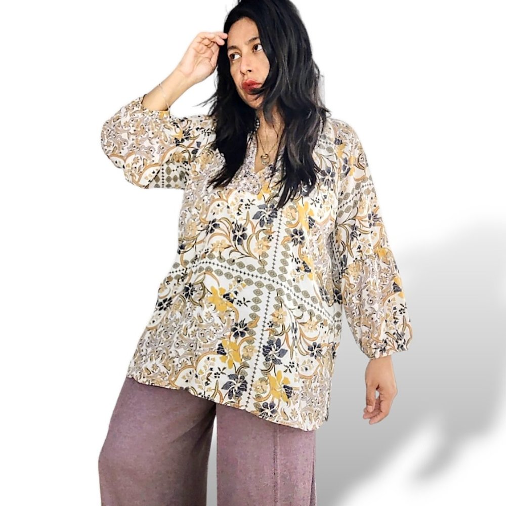Johnny Was floral paisley 100% silk balloon sleeve boho tunic top size L